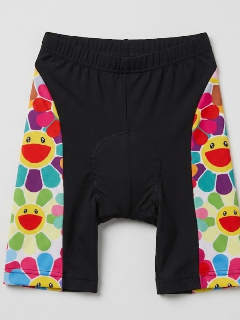 Kids Black Cycling Shorts with Colorful Smiling Flower Panels size Small